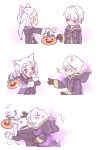  1boy 1girl anger_vein animal_ears aura closed_eyes closed_mouth d0o00o0b dark_aura fake_animal_ears fire_emblem fire_emblem_awakening fire_emblem_heroes from_side grima_(fire_emblem) halloween_basket halloween_costume holding hood hood_down long_sleeves open_mouth red_eyes robin_(fire_emblem) robin_(fire_emblem)_(female) robin_(fire_emblem)_(male) short_hair simple_background twintails white_background white_hair wolf_ears 