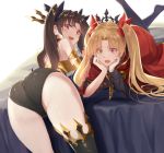  2girls armlet ass bangs bare_shoulders black_hair blonde_hair blush bow breasts cape crown ereshkigal_(fate/grand_order) eyebrows_visible_through_hair fate/grand_order fate_(series) hair_bow hair_ribbon ishtar_(fate)_(all) ishtar_(fate/grand_order) jewelry kabocha_(monkey4) long_hair looking_at_viewer lying medium_breasts multiple_girls on_stomach open_mouth parted_bangs red_eyes ribbon single_thighhigh skull smile thighhighs tiara two_side_up very_long_hair 
