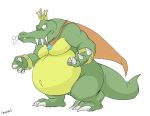  2020 absurd_res anthro belly big_belly canson cape claws clothing crocodilian crown donkey_kong_(series) fangs green_body green_skin hi_res jewelry king_k._rool kremling male navel nintendo outie_navel overweight overweight_anthro overweight_male plantigrade reptile scalie sharp_teeth simple_background solo teeth video_games white_background yellow_body yellow_skin 