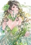  1girl breasts brown_hair cleavage curly_hair dress flower green_dress green_eyes green_flower green_rose hand_on_own_chest highres long_hair looking_up medium_breasts nail_polish original parted_lips plant rose solo umishima_senbon 