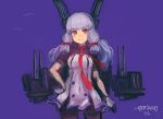  1girl bangs black_legwear dress eyebrows_visible_through_hair gloves grey_hair hair_ribbon hand_on_hip headgear highres kantai_collection long_hair moor murakumo_(kantai_collection) necktie orange_eyes pantyhose purple_background red_neckwear remodel_(kantai_collection) ribbon rigging simple_background smile solo tress_ribbon twitter_username 