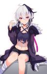  bandaged_leg bandages black_shorts coat commentary cowboy_shot criss-cross_halter crop_top flower_(vocaloid) fur-trimmed_coat fur_trim gynoid_talk half-closed_eyes halterneck hand_up highres hooded_coat kujira_hebi light_smile looking_at_viewer medium_hair multicolored_hair purple_coat purple_eyes purple_hair shorts sidelocks sitting streaked_hair symbol_commentary torn_clothes v_flower_(gynoid_talk) v_flower_(vocaloid4) vocaloid white_background white_hair 