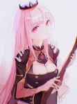  1girl bangs black_dress blunt_bangs breasts cleavage detached_sleeves dress highres hololive hololive_english large_breasts long_hair looking_at_viewer mori_calliope nabi_(uz02) pink_eyes pink_hair scythe simple_background smile solo spikes tiara veil virtual_youtuber 