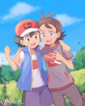  2boys arm_around_shoulder artist_name ash_ketchum baseball_cap black_hair blue_eyes brown_eyes brown_hair clenched_hands cloud commentary_request day gen_4_pokemon goh_(pokemon) hair_ornament hat highres holding jacket leaves_in_wind male_focus mei_(maysroom) multiple_boys open_mouth outdoors pants pokemon pokemon_(anime) pokemon_swsh_(anime) rotom rotom_phone shirt short_sleeves sky smile teeth tongue tree watermark white_shirt 