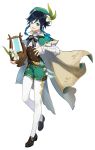  1boy absurdres aqua_eyes bard beret black_hair braid cape flower full_body genshin_impact gradient_hair green_cape green_shorts hair_flower hair_ornament harp hat highres instrument male_focus multicolored_hair official_art shorts solo transparent_background twin_braids venti_(genshin_impact) white_legwear 