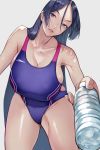  1girl absurdres bangs bare_shoulders bottle breasts cleavage collarbone fate/grand_order fate_(series) highres large_breasts leaning_forward long_hair looking_at_viewer minamoto_no_raikou_(fate/grand_order) one-piece_swimsuit parted_bangs parted_lips purple_eyes purple_hair purple_swimsuit simple_background smile swimsuit thighs very_long_hair water_bottle yoshio_(55level) 