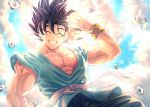  1boy ^_^ abs arm_at_side backlighting black_hair blue_sky blurry bokeh clenched_teeth closed_eyes closed_mouth cloud cloudy_sky commentary_request day depth_of_field dougi dragon_ball dragon_ball_z facing_viewer floating from_below grin hand_up lens_flare light_particles light_rays male_focus mattari_illust messy_hair muscle outdoors pants pectorals sky smile son_gokuu sun sunlight teeth twitter_username water_drop waving wristband 