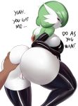  absurd_res big_breasts big_butt breasts butt butt_grab clothing female gardevoir genitals hand_on_butt hi_res huge_butt humanoid legwear looking_at_viewer looking_back nintendo not_furry pok&eacute;mon pok&eacute;mon_(species) pussy sana!rpg text thigh_highs video_games 