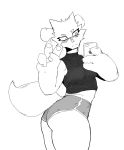  anthro arthropod bee bottomwear butt clothing female goonie-san hi_res hymenopteran insect monochrome pawpads peace_signs phone presenting presenting_hindquarters reiko_(goonie-san) shirt shorts solo tank_top topwear 