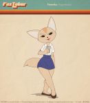  2020 absurd_res aggressive_retsuko anthro bottomwear canid canine cellphone clothed clothing english_text eyebrows female fennec fenneko fox fox-pop fur hi_res holding_object holding_phone looking_at_viewer mammal open_mouth phone raised_eyebrow sanrio shirt skirt smartphone smile solo tan_body tan_fur text topwear 