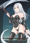  1girl artist_name ass_visible_through_thighs bare_shoulders black_legwear black_panties breasts burbur character_name collarbone commentary corset dark_souls detached_sleeves english_commentary english_text fur green_eyes health_bar highleg highleg_panties holding holding_scythe horns large_breasts latex long_hair looking_at_viewer monster_girl panties parted_lips priscilla_the_crossbreed scythe silver_hair slit_pupils solo souls_(from_software) subtitled tail thighhighs underwear watermark weapon 