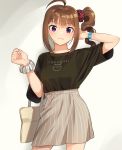  1girl ahoge bag bangs black_shirt bracelet brown_hair carrying closed_mouth clothes_writing commentary cowboy_shot drill_hair eyebrows_visible_through_hair grey_scrunchie grey_skirt hair_ornament hair_scrunchie hand_in_hair handbag high-waist_skirt highres idolmaster idolmaster_million_live! jewelry kamille_(vcx68) looking_at_viewer medium_hair miniskirt purple_eyes red_scrunchie romaji_text scrunchie shirt short_sleeves side_drill side_ponytail skirt smile solo standing striped t-shirt vertical-striped_skirt vertical_stripes wrist_scrunchie yokoyama_nao 