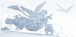  2020 avian blue_and_white cactus day detailed_background digital_media_(artwork) feathered_wings feathers fingers gryphon hi_res monochrome motorcycle mythological_avian mythology outside sky tin_can toes vehicle wings yakovlev-vad 