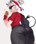  1girl artist_name ass black_legwear breasts commentary demon_tail gradient gradient_background grin hair_bun headband helltaker jtveemo justice_(helltaker) medium_breasts pants short_hair signature skin_tight smile solo sunglasses tail white_background white_hair 