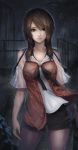  1girl bangs black_shorts breasts brown_eyes brown_hair clothing_cutout collarbone cowboy_shot fatal_frame fatal_frame_5 highres kozukata_yuuri long_hair medium_breasts outdoors parted_bangs rain re_(re_09) shirt short_shorts shorts shoulder_cutout solo wet wet_clothes white_shirt 