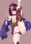  1girl bangs bare_shoulders blush bob_cut breasts bridal_gauntlets collarbone eyeliner fate/grand_order fate_(series) headpiece highres horns japanese_clothes kimono leg_lift leg_up long_sleeves looking_at_viewer makeup nagatani_(nagata2) navel obi oni oni_horns open_mouth purple_eyes purple_hair purple_kimono revealing_clothes sash short_hair shuten_douji_(fate/grand_order) skin-covered_horns split standing standing_on_one_leg standing_split thighs wide_sleeves 