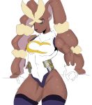  anthro belt black_sclera clothing cosplay female goonie-san hi_res lagomorph leaning leaning_back legwear leporid lopunny mammal mega_evolution mega_lopunny my_hero_academia nintendo pok&eacute;mon pok&eacute;mon_(species) rabbit solo stockings video_games 