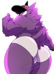  butt clothed clothing gengar ghost hair hat headgear headwear hi_res humanoid kokuhane kokuhane_(character) looking_at_viewer male nintendo pok&eacute;mon pok&eacute;mon_(species) presenting presenting_hindquarters purple_body purple_hair simple_background smile solo spirit topless underwear video_games 