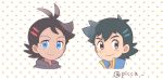  2boys artist_name ash_ketchum bangs blue_eyes brown_hair closed_mouth commentary_request eyelashes goh_(pokemon) hair_ornament jacket male_focus mei_(maysroom) multiple_boys pokemon pokemon_(anime) pokemon_swsh_(anime) polka_dot polka_dot_background popped_collar sideways_glance smile watermark 