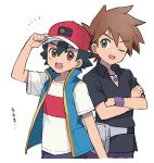  1paku54 2boys ash_ketchum bangs baseball_cap black_hair black_shirt brown_eyes brown_hair crossed_arms eyebrows_visible_through_hair gary_oak green_eyes hair_between_eyes hand_on_headwear hand_up hat jacket jewelry male_focus multiple_boys necklace one_eye_closed open_mouth pokemon pokemon_(anime) pokemon_swsh_(anime) purple_wristband shirt short_sleeves smile teeth tongue white_background white_shirt wristband 