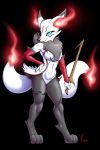  2:3 2_tails 3_fingers 3_toes anthro atticuskotch black_nose blue_eyes braixen breasts cheek_tuft chest_tuft clothing digimon digimon_(species) digitigrade ear_tuft facial_markings facial_tuft featureless_breasts featureless_crotch female fingerless_gloves fingers fire fur gloves grey_body grey_fur hand_on_hip handwear head_markings hi_res hybrid markings multi_tail nintendo pok&eacute;mon pok&eacute;mon_(species) renamon smile solo stick thigh_marking toes tuft video_games white_body white_fur 