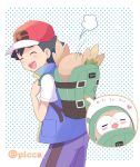  1boy :d artist_name ash_ketchum bangs baseball_cap black_hair closed_eyes commentary_request gen_7_pokemon hat heart jacket mei_(maysroom) motion_lines open_mouth pokemon pokemon_(anime) pokemon_(creature) pokemon_swsh_(anime) rowlet shirt short_sleeves smile teeth tongue watermark white_shirt 