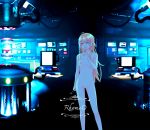  1girl blonde_hair blue_eyes breasts computer costume dark holding long_hair messy_hair new_game! open_mouth pussy rhosavior science_fiction smile solo standing very_long_hair yagami_kou 
