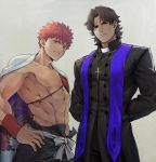 2boys arms_behind_back black_pants brown_eyes brown_hair cape cross cross_necklace emiya_shirou fate/grand_order fate/stay_night fate_(series) grey_background hair_intakes highres igote jewelry kotomine_kirei limited/zero_over looking_at_viewer male_focus mitre multiple_boys necklace no_nipples orange_hair pants parted_lips sengo_muramasa_(fate) simple_background standing translated tuto_(mokuchin09) yellow_eyes 