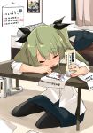  1girl anchovy_(girls_und_panzer) bangs barashiya bed bedroom beer_can black_legwear black_ribbon blue_skirt calendar_(object) can carpaccio_(girls_und_panzer) closed_eyes commentary curtains dress_shirt drill_hair drunk eyebrows_visible_through_hair girls_und_panzer green_hair hair_ribbon highres holding holding_can indoors long_hair long_sleeves miniskirt open_mouth pantyhose paper pencil_skirt pepperoni_(girls_und_panzer) picture_(object) ribbon shirt sitting skirt sleeping sleeves_rolled_up solo table twin_drills twintails untucked_shirt white_shirt yokozuwari 