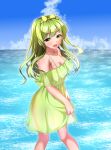  1girl bare_shoulders breasts cleavage cloud commentary dress eyebrows_visible_through_hair green_dress green_eyes green_hair green_ribbon hair_ribbon horizon long_hair ocean open_mouth original osanai_(shashaki) ribbon see-through see-through_silhouette sharp_teeth sidelocks sky solo sundress taw_(t765p) teeth waves 