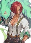 1girl blue_eyes breasts brown_gloves cleavage collared_shirt dark_skin facial_mark forehead_mark giovanna_(guilty_gear) gloves green_fur guilty_gear guilty_gear_strive hair_over_one_eye highres large_breasts lips multiple_bows partially_unbuttoned red_hair rei_(guilty_gear) shirt short_hair sleeves_pushed_up snout solo_focus suspenders uncle_rabbit_ii white_shirt wolf 