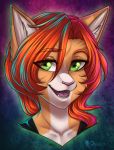  anthro ariveil brown_body brown_fur clothed clothing domestic_cat fangs felid feline felis fur green_eyes hair male mammal open_mouth open_smile red_hair simple_background smile solo teeth tongue white_body white_fur 