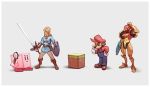  1girl 2boys arm_cannon block blush chin_stroking copy_ability cube facial_hair gloves grey_background hand_on_hip hat highres holding holding_shield holding_sword holding_weapon hylian_shield kirby kirby_(series) link looking_at_another mario mario_(series) master_sword metroid minecraft multiple_boys mustache nin_nakajima overalls ponytail power_armor red_headwear red_shirt samus_aran scratching_head shield shirt shovel simple_background super_smash_bros. sword the_legend_of_zelda the_legend_of_zelda:_breath_of_the_wild tunic weapon white_gloves 