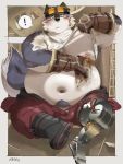  2020 3:4 anthro barely_visible_genitalia barely_visible_penis belly blush bottomwear bulge canid canine canis clothing detailed_background genitals hi_res kemono male mammal moobs navel nikiciy nipples overweight overweight_anthro overweight_male pants penis shirt sitting solo topwear wolf 