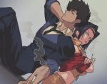  1boy 1girl black_hair cigarette cowboy_bebop crossed_arms eye_contact faye_valentine formal hairband looking_at_another necktie purple_hair sakanaokashi short_hair shorts sitting smoking spike_spiegel suit thighhighs yellow_hairband yellow_shorts 