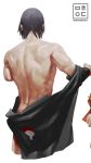  back behindxa black_hair clenched_hand cropped male_focus muscle naruto naruto_(series) signature simple_background solo_focus twitter_username uchiha_sasuke uchiha_symbol undressing uzumaki_naruto white_background 