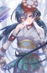  bell black_hair fate/grand_order fate_(series) hair_bell hair_ornament heterochromia katana long_hair low_twintails mochizuki_chiyome_(fate/grand_order) orange_eyes purple_eyes rope shimenawa smile snake_tattoo sword twintails weapon 