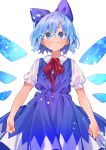  1girl akagashi_hagane bangs blouse blue_bow blue_dress blue_eyes blue_hair blush bow cirno clenched_hands closed_mouth collared_shirt commentary doyagao dress dress_shirt hair_between_eyes hair_bow ice ice_wings lens_flare neck_ribbon puffy_short_sleeves puffy_sleeves rainbow_gradient red_neckwear red_ribbon ribbon shirt short_hair short_sleeves simple_background smug solo tan touhou v-shaped_eyebrows white_background white_blouse white_shirt wing_collar wings 