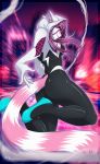  anthro ariveil breasts butt clothed clothing cosplay detailed_background female fluffy fluffy_tail fur giant_panda hair hi_res mammal marvel open_mouth open_smile pink_body pink_eyes pink_fur pink_hair smile solo spider-gwen suit ursid white_body white_fur 