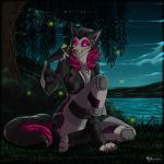  anthro ariveil arthropod beetle black_body black_fur bone breasts canid canine claws clothed clothing detailed_background elateroid fangs female firefly fur hi_res insect mammal multicolored_body multicolored_fur pink_eyes purple_body purple_fur sitting skull solo water white_body white_fur 