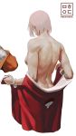  back bandaged_arm bandages behindxa black_hair bracelet breasts cropped haruno_sakura jewelry muscle muscular_female naruto naruto_(series) pink_hair short_hair signature simple_background solo_focus twitter_username uchiha_symbol undressing uzumaki_naruto white_background 