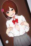  1girl :d after_paizuri bangs blunt_bangs blurry blurry_background blush bow bowtie breasts brown_hair collared_shirt commentary_request cowboy_shot cum cum_on_body cum_on_breasts cum_on_upper_body cum_string door dress_shirt dutch_angle eyebrows_visible_through_hair fang flower green_eyes grey_skirt hair_flower hair_ornament hands_on_own_chest hands_up heavy_breathing highres idolmaster idolmaster_cinderella_girls indoors long_sleeves looking_at_viewer maekawa_miku medium_breasts minakami open_mouth partially_unbuttoned pleated_skirt red_bow red_flower red_neckwear school_uniform shirt shirt_tucked_in short_hair skirt smile solo standing sweat swept_bangs white_shirt 