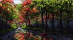  1girl autumn autumn_leaves bangs bow bush check_commentary colorful commentary_request day dd_tachibana dress forest front_ponytail gensoukyou green_eyes green_hair hair_bow hair_ribbon hands_on_lap highres kagiyama_hina landscape nature outdoors red_dress reflection ribbon river riverbank rock scenery sitting_on_ground solo stream touhou tree v_arms very_wide_shot water waterfall wide_shot 