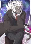  anthro black_body black_fur clothing felid fur hair hi_res lion live-a-hero male mammal mane mane_hair muscular muscular_anthro muscular_male necktie ortwin_rd pantherine solo suit the_broker tusks white_hair 