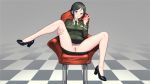  1girl black_hair blush breasts chair chouno_ami closed_mouth full_body girls_und_panzer green_eyes green_neckwear green_skirt high_heels highres konishi_(565112307) large_breasts looking_at_viewer military military_uniform miniskirt necktie no_panties on_chair pussy shiny shiny_hair short_hair sitting skirt smile solo spread_legs uniform v 