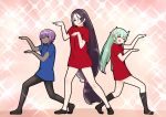  3girls :&gt; :d arm_up bangs black_hair black_legwear blue_shirt blush closed_eyes closed_mouth commentary_request dark_skin dragon_horns eyebrows_visible_through_hair fate/prototype fate/prototype:_fragments_of_blue_and_silver fate_(series) green_hair hair_between_eyes hand_up hands_up hassan_of_serenity_(fate) highres horns i.u.y kiyohime_(fate/grand_order) kneehighs long_hair low-tied_long_hair minamoto_no_raikou_(fate/grand_order) multiple_girls open_mouth pantyhose parted_bangs purple_eyes purple_hair red_shirt shirt short_sleeves smile socks very_long_hair 