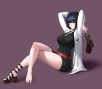  1girl ahoge bangs beeeeen_213 black_dress black_hair choker crossed_legs dress feet high_heels highres labcoat looking_at_viewer persona persona_5 purple_background purple_eyes shoe_removed short_dress short_hair simple_background sitting smile solo spiked_choker spikes studded_choker takemi_tae 