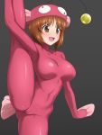  1girl absurdres anglerfish_costume animal_costume breasts brown_eyes brown_hair cameltoe commentary_request cowboy_shot girls_und_panzer grey_background highres medium_breasts nishizumi_miho short_hair simple_background skin_tight solo split standing standing_on_one_leg standing_split tedain 