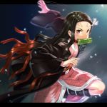  1girl bamboo bit_gag black_hair brown_hair checkered commentary_request gag gradient_hair highres is_ii japanese_clothes kamado_nezuko kimetsu_no_yaiba kimono letterboxed long_hair long_sleeves looking_at_viewer mouth_hold multicolored_hair obi open_clothes pink_kimono purple_eyes sash solo standing standing_on_one_leg veins very_long_hair wide_sleeves 