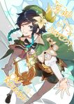  1boy ;d aqua_hair beret black_hair braid cccgs5 dated floating flower genshin_impact gradient_hair green_eyes green_headwear grin hair_flower hair_ornament harp hat highres instrument long_sleeves looking_at_viewer male_focus multicolored_hair one_eye_closed open_mouth otoko_no_ko smile solo twin_braids venti_(genshin_impact) 